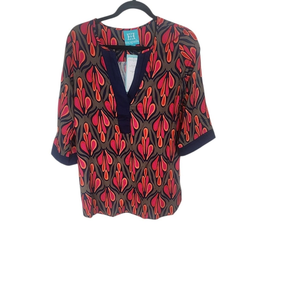 Escapada Navy Pink Madrid Parker Top Tunic 3/4 Sleeve V-Neck Print Size S